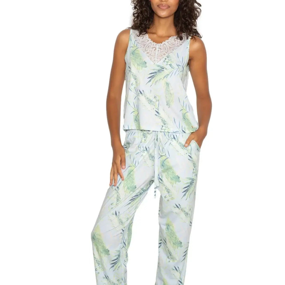 Latte Love - Lace Tank & Pant Set | Multiple Prints featuring a model in a tropical print lounge set.