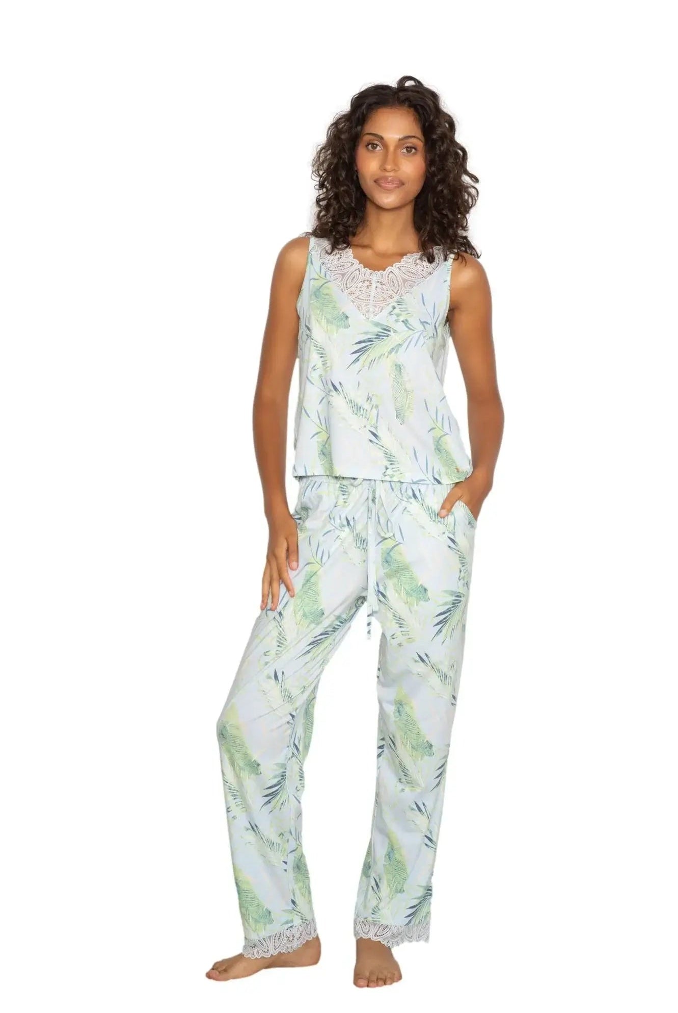 Latte Love - Lace Tank & Pant Set | Multiple Prints featuring a model in a tropical print lounge set.
