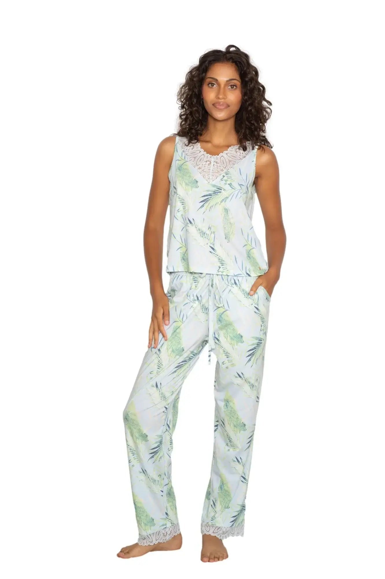 Latte Love - Lace Tank & Pant Set | Multiple Prints featuring a model in a tropical print lounge set.