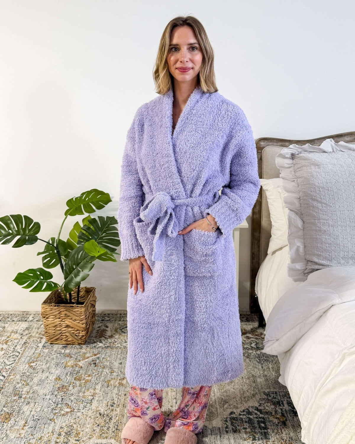 Lounge by Jan Marie Chenille Cloud Spa Robe Lavender full length standing model — Cloud Nine Pajamas Edmonton
