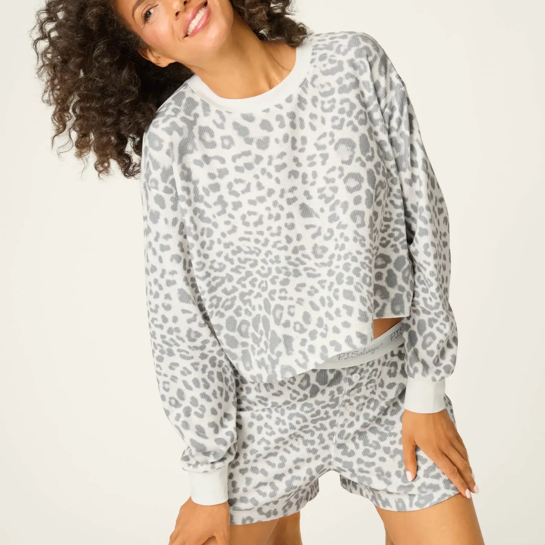 Women's Boyfriend Boxer Waffle Shorts Set grey leopard PJ Salvage