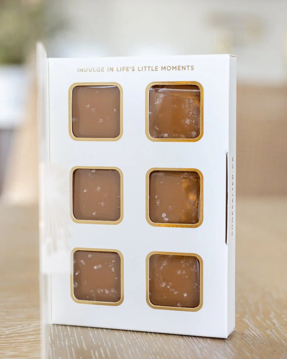 Salted Let's Celebrate caramel box open showing 6 handcrafted caramels — Cloud Nine Pajamas