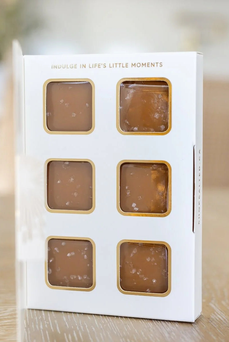 Salted Let's Celebrate caramel box open showing 6 handcrafted caramels — Cloud Nine Pajamas