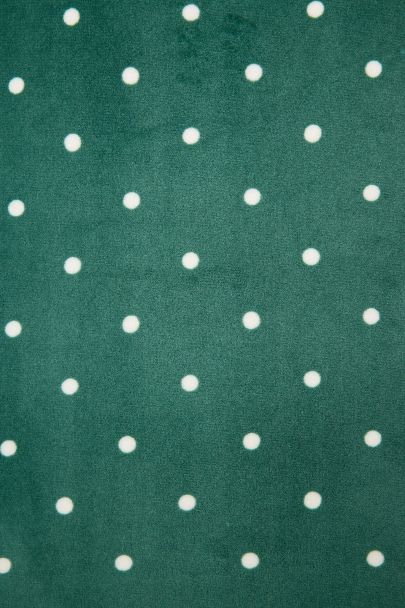 Let's Get Toasty Velour Dot Print PJ Set | Dark Forest Green PJ Salvage Women's white polka dot on a dark green background lightweight velour - close up of print and showing texture of fabric