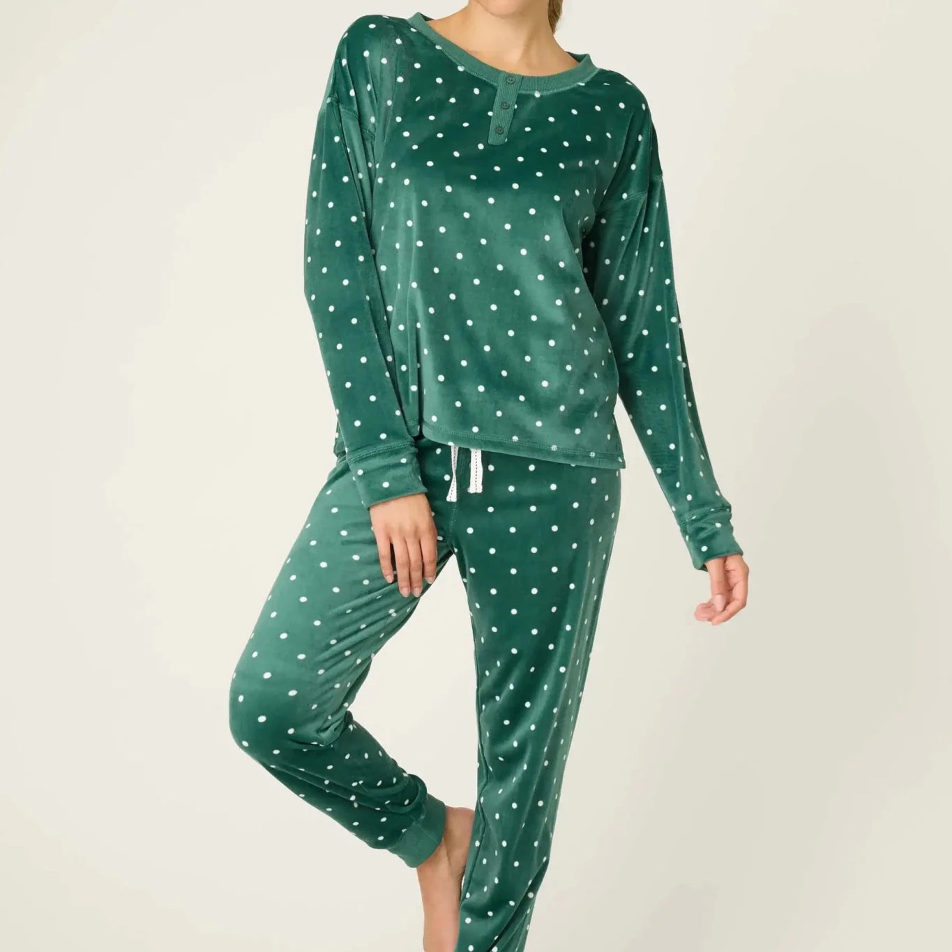Let's Get Toasty Velour Dot Print PJ Set | Dark Forest Green PJ Salvage Women's white polka dot on a dark green background lightweight velour