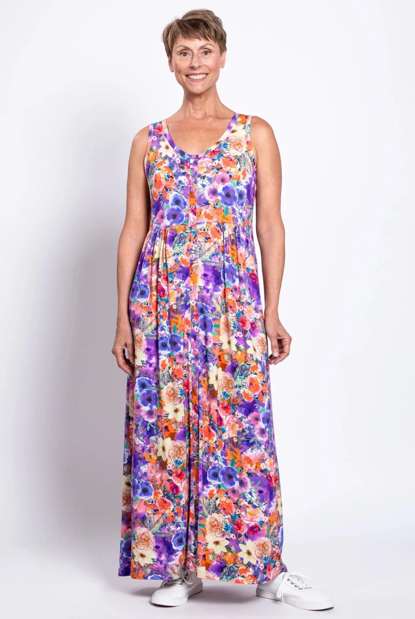 Liane Bamboo Maxi Dress – Violet Fiesta Floral Button - Front with Pockets - Blue Sky Clothing Co - Cloud Nine Pajamas