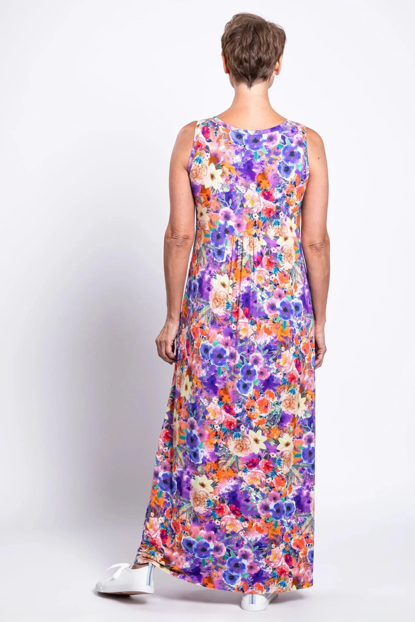 Liane Bamboo Maxi Dress – Violet Fiesta Floral Button - Front with Pockets - Blue Sky Clothing Co - Cloud Nine Pajamas