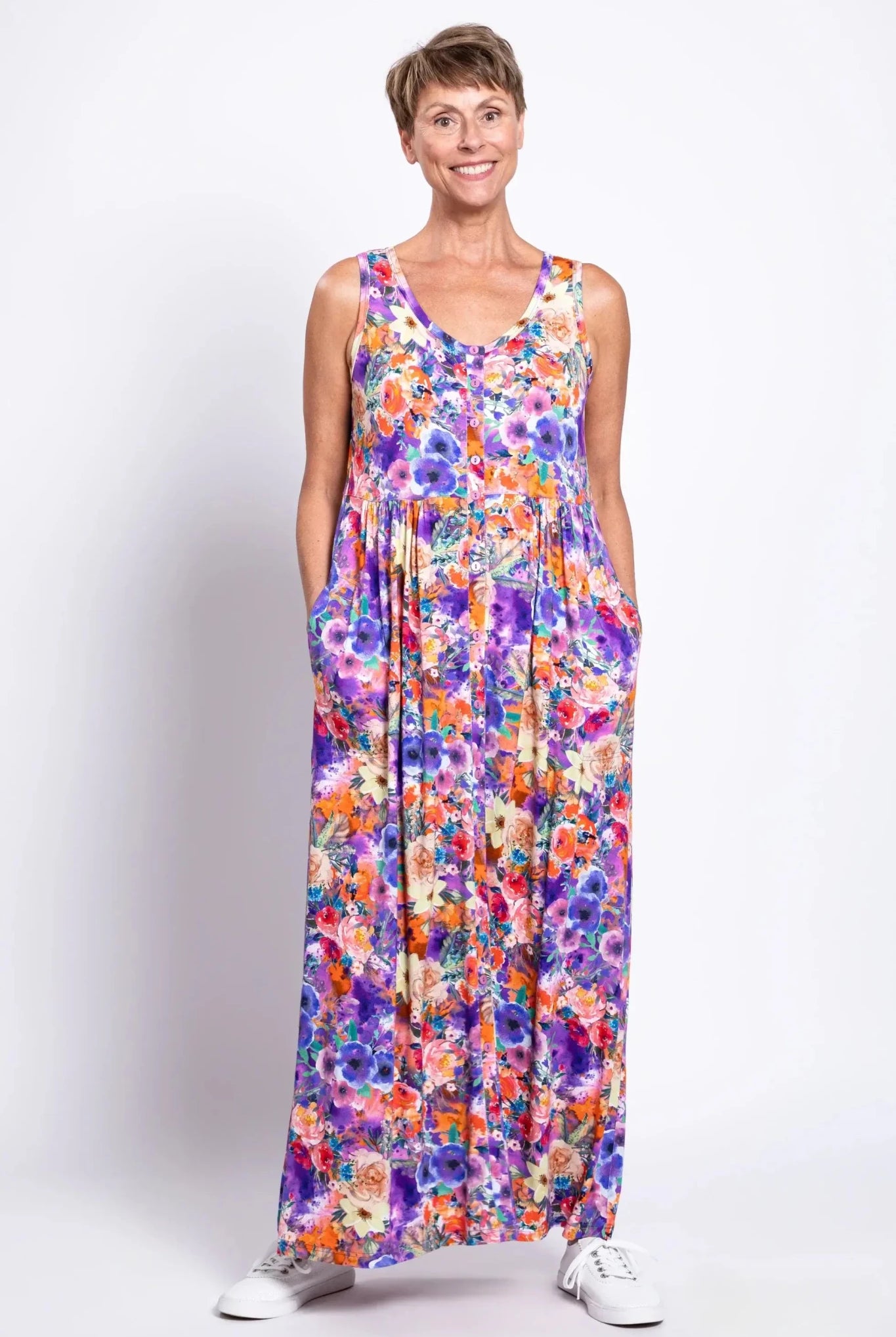 Liane Bamboo Maxi Dress – Violet Fiesta Floral Button - Front with Pockets - Blue Sky Clothing Co - Cloud Nine Pajamas