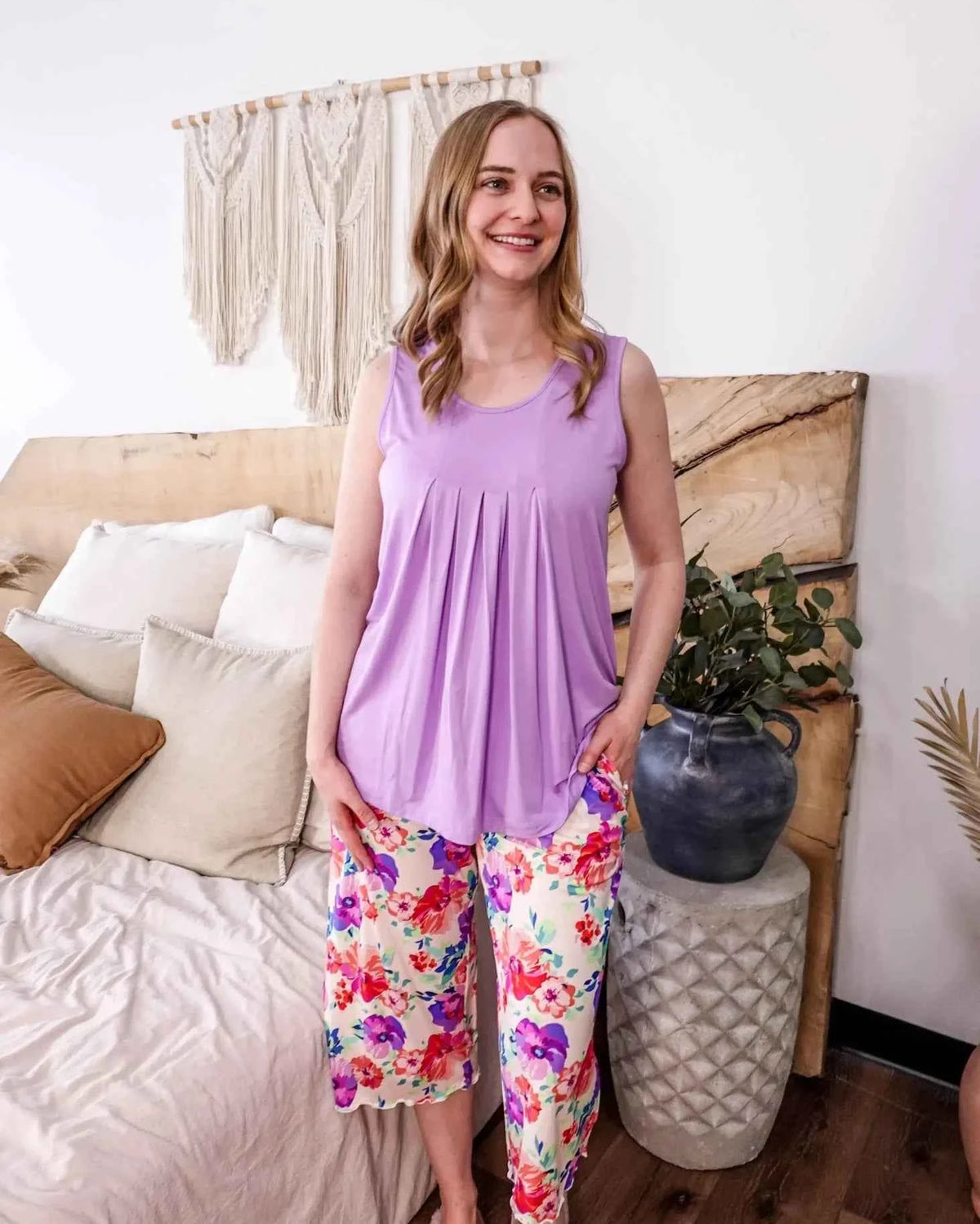 Georgia Rylan Women's Bamboo Flutter Sleeve and Capri Pant Pajama Set in Lilac Blooming Love