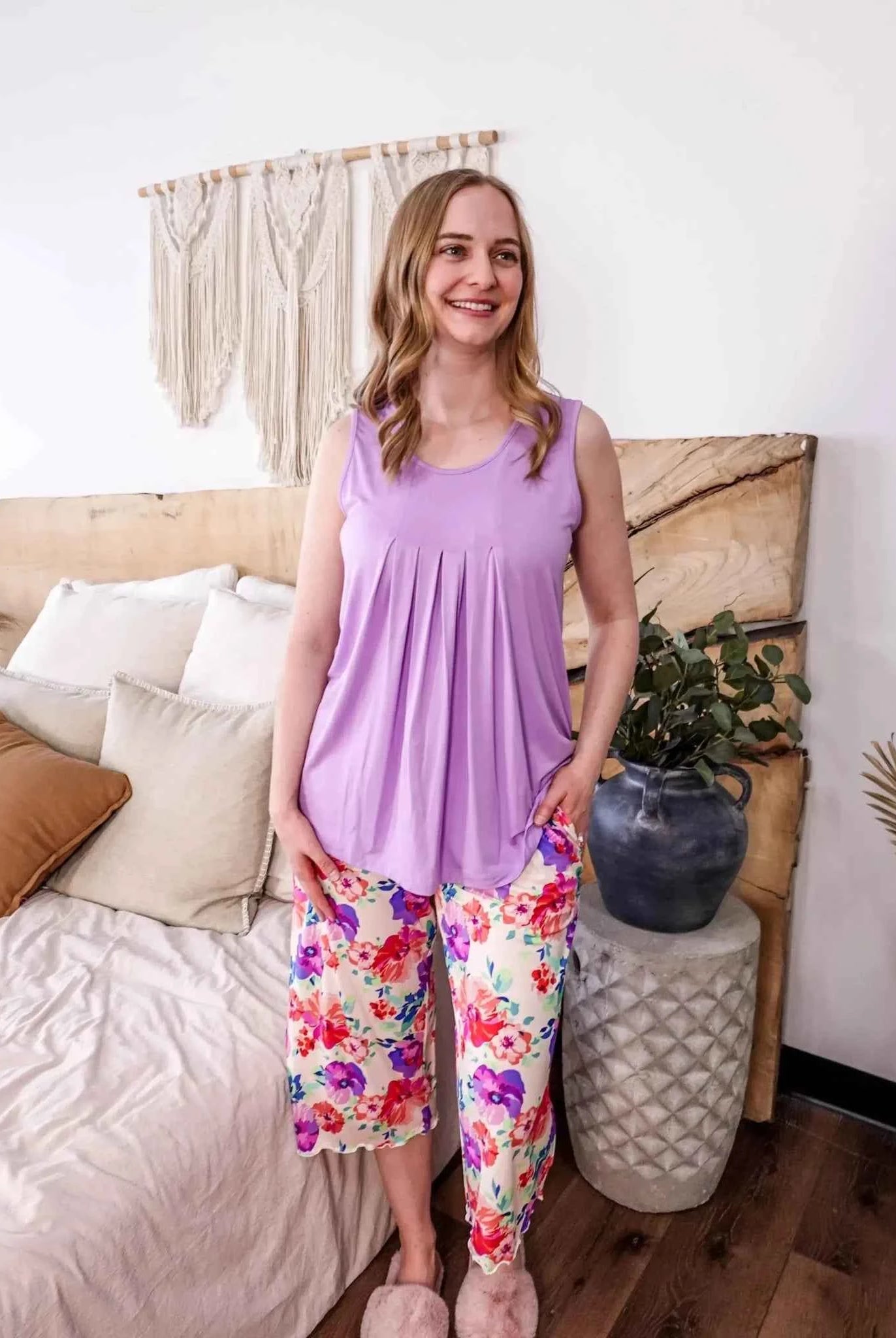 Georgia Rylan Women's Bamboo Flutter Sleeve and Capri Pant Pajama Set in Lilac Blooming Love