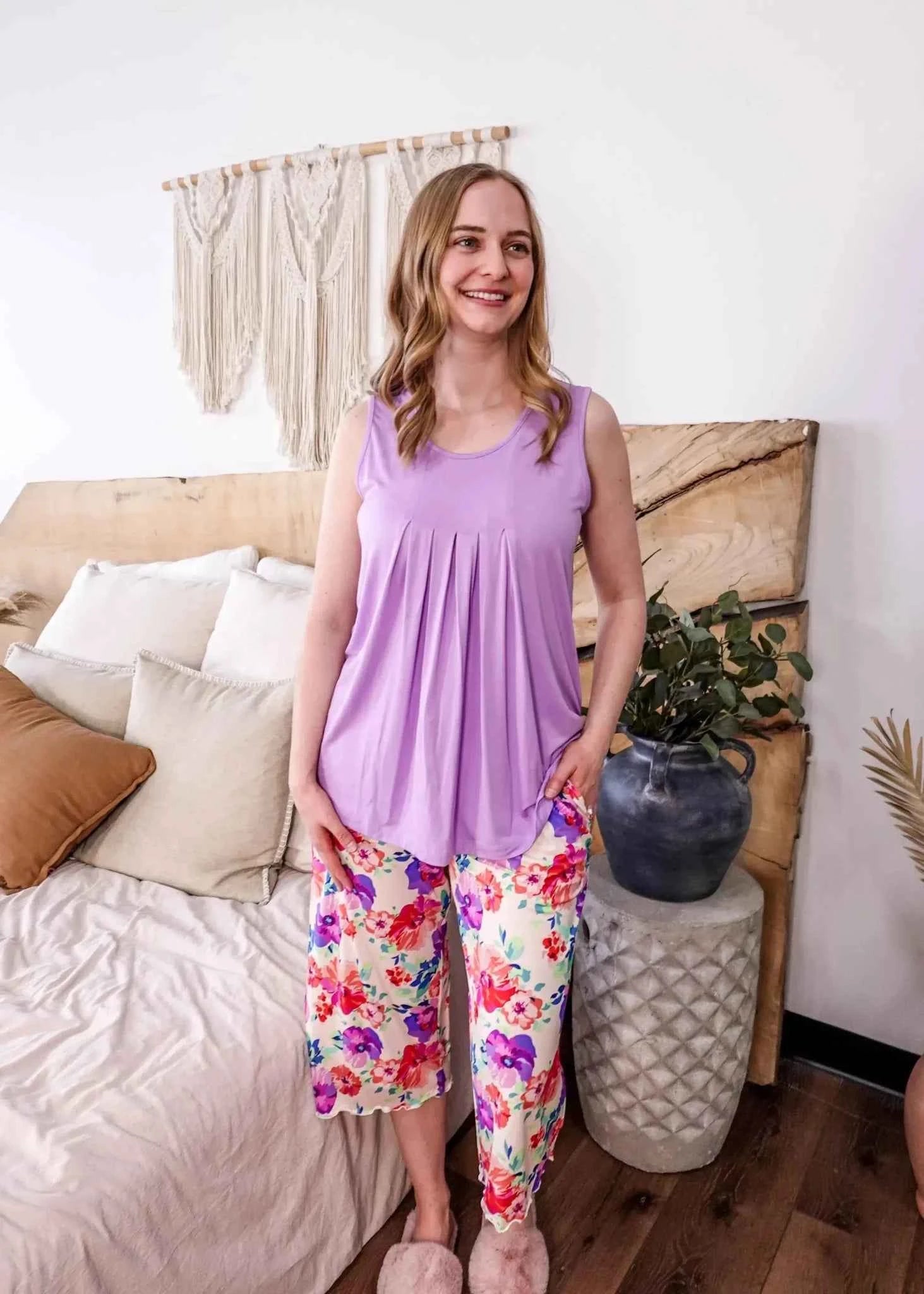 Georgia Rylan Women's Bamboo Flutter Sleeve and Capri Pant Pajama Set in Lilac Blooming Love