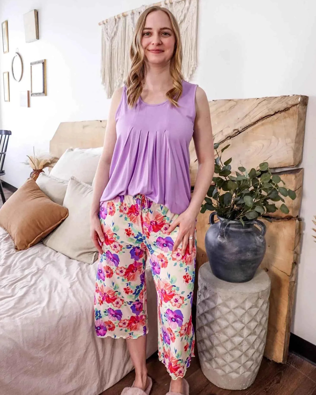 Georgia Rylan Women's Bamboo Flutter Sleeve and Capri Pant Pajama Set in Lilac Blooming Love