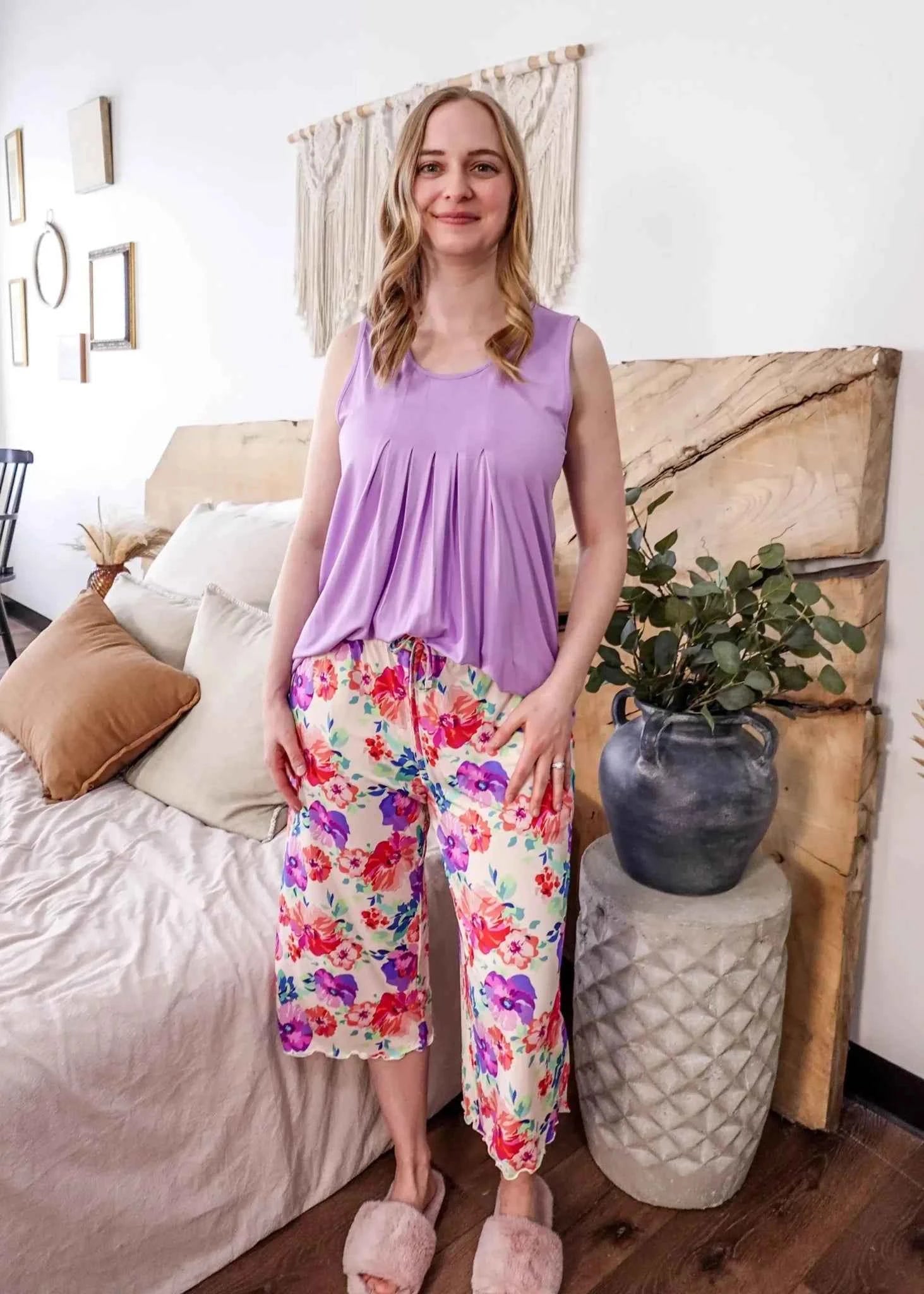 Georgia Rylan Women's Bamboo Flutter Sleeve and Capri Pant Pajama Set in Lilac Blooming Love
