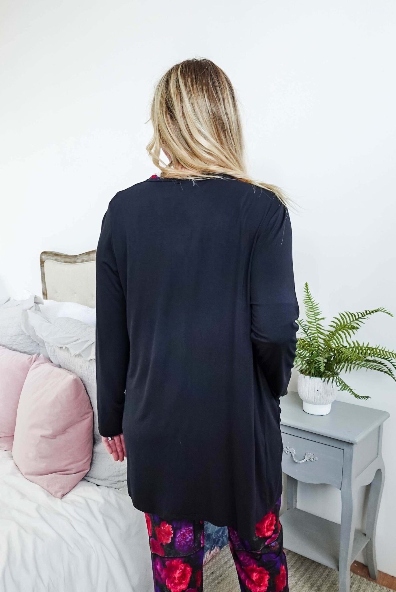 womens long bamboo cardigan with pockets in black georgia rylan