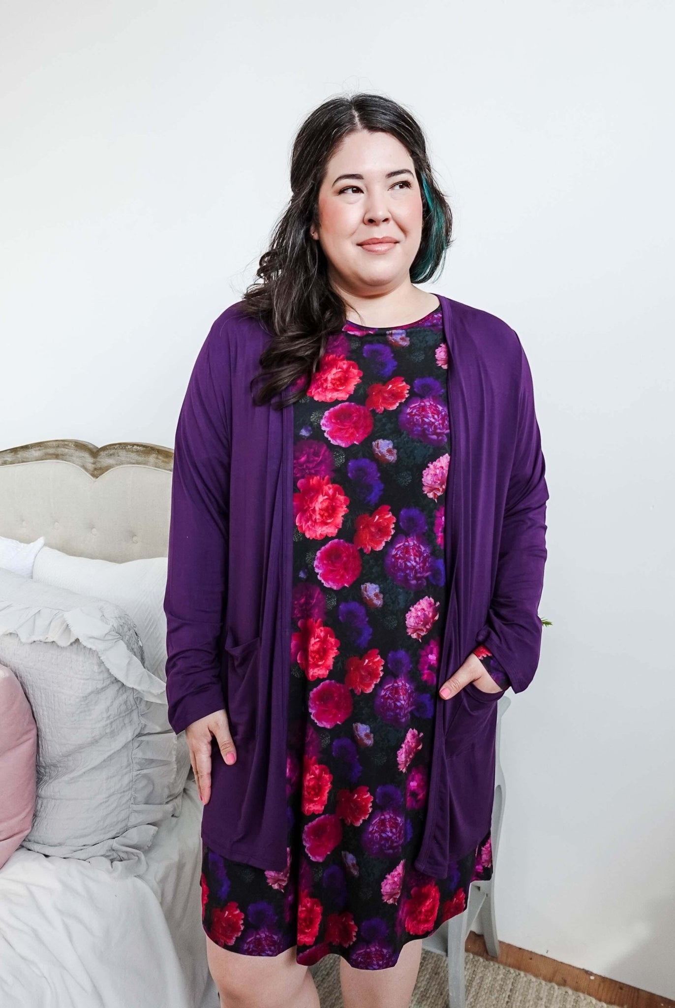 womens long bamboo cardigan with pockets in purple georgia rylan