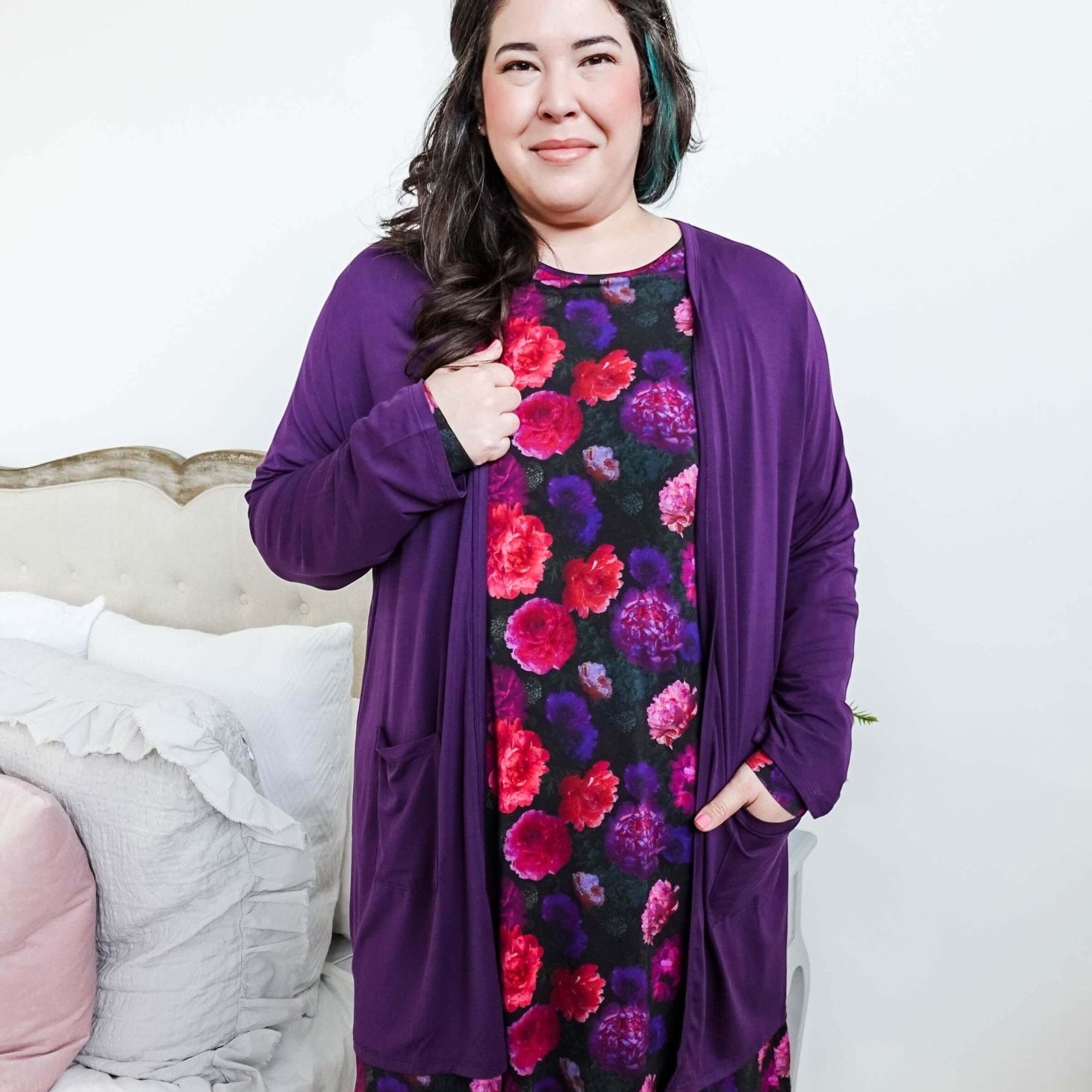 womens long bamboo cardigan with pockets in purple georgia rylan