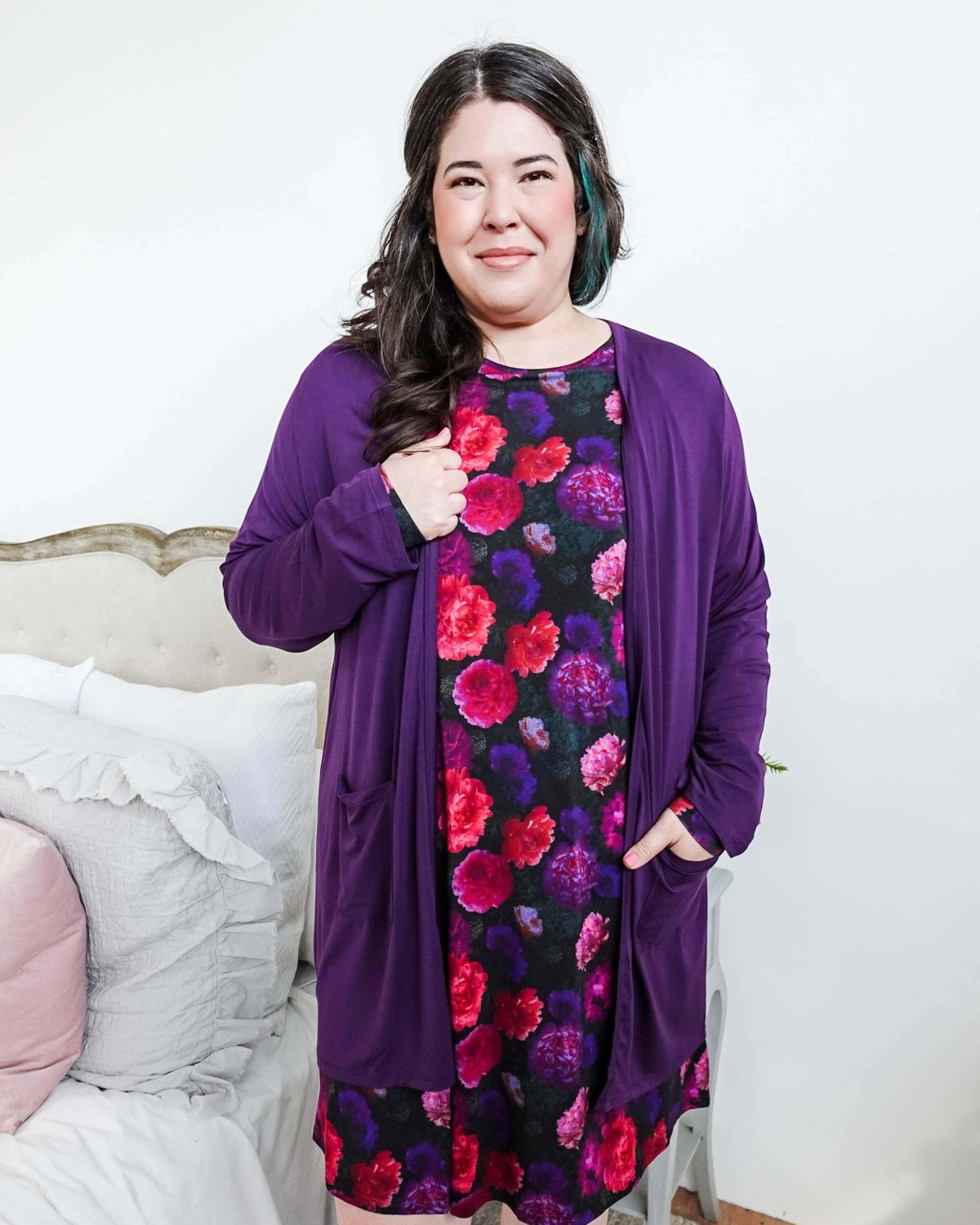 womens long bamboo cardigan with pockets in purple georgia rylan
