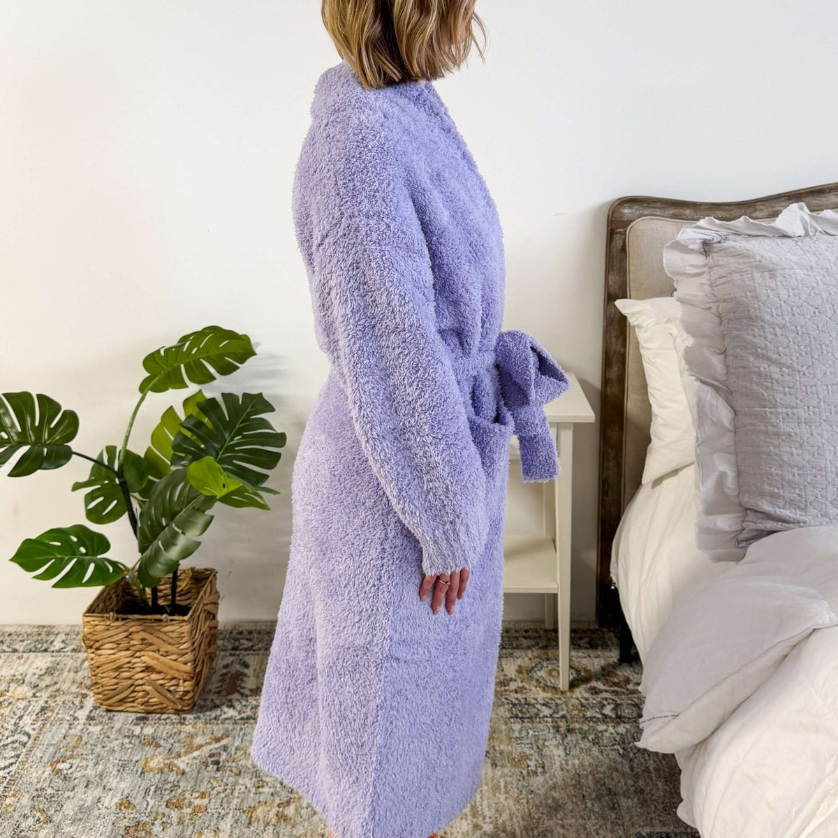 Lavender Chenille Cloud Spa Robe – Plush Stretch Robe with Pockets side profile showing length and fit