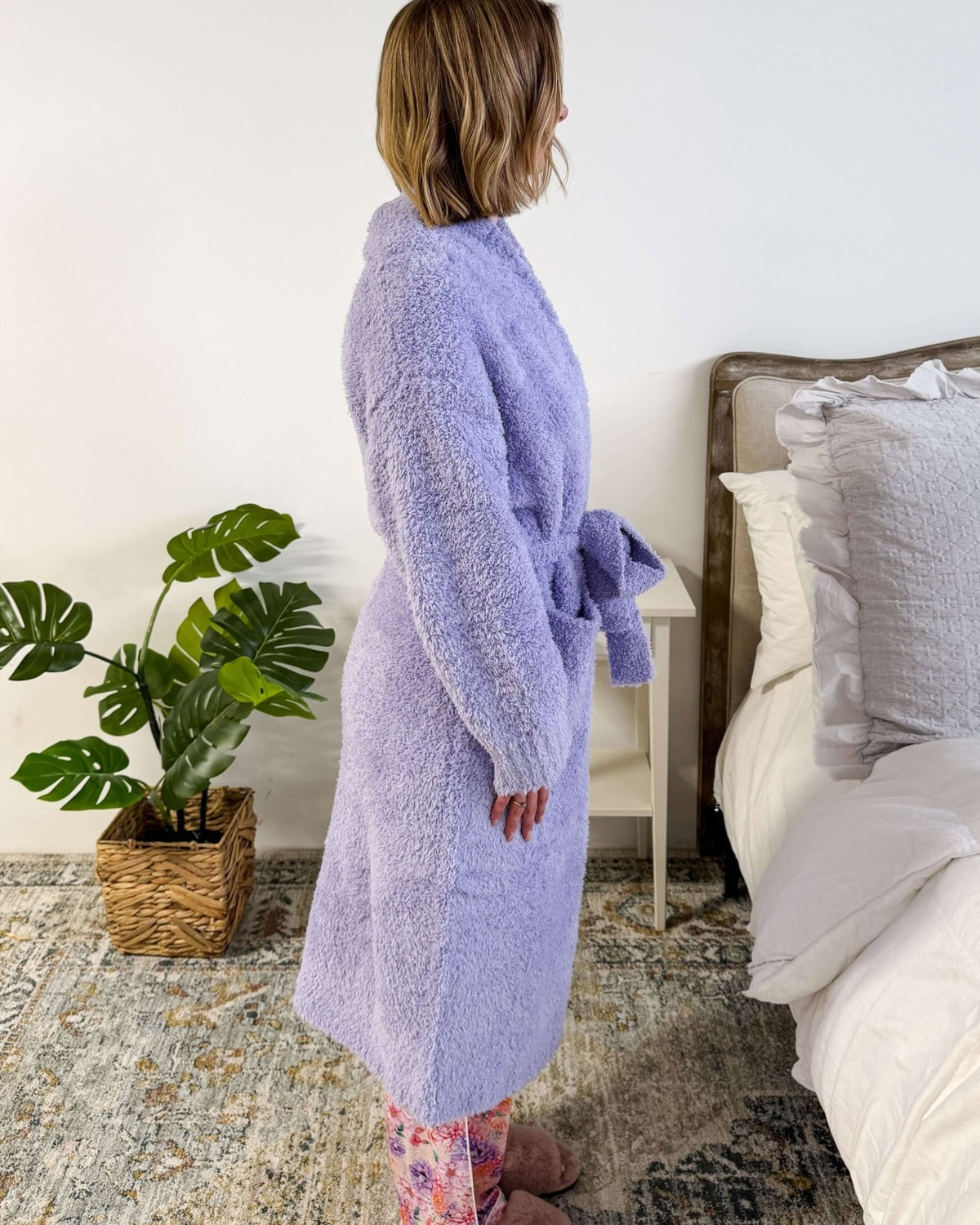 Lounge by Jan Marie Chenille Cloud Spa Robe Lavender side profile showing length — Cloud Nine Pajamas Edmonton