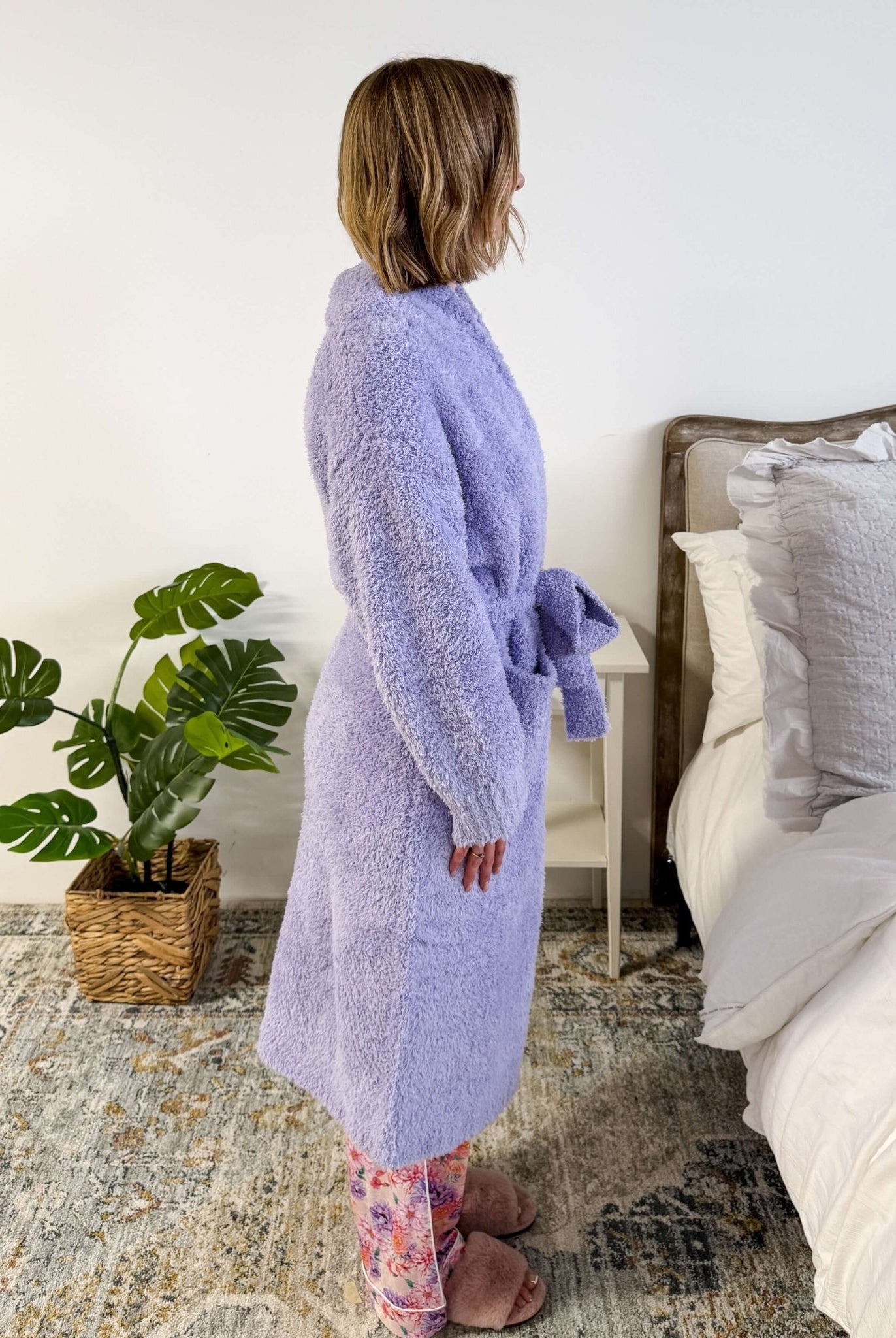 Lavender Chenille Cloud Spa Robe – Plush Stretch Robe with Pockets side profile showing length and fit