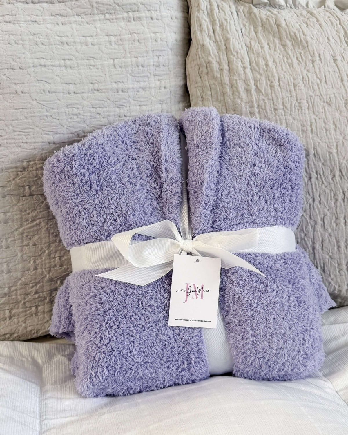Lounge by Jan Marie Chenille Cloud Spa Robe Lavender gift folded with white ribbon — Cloud Nine Pajamas Edmonton