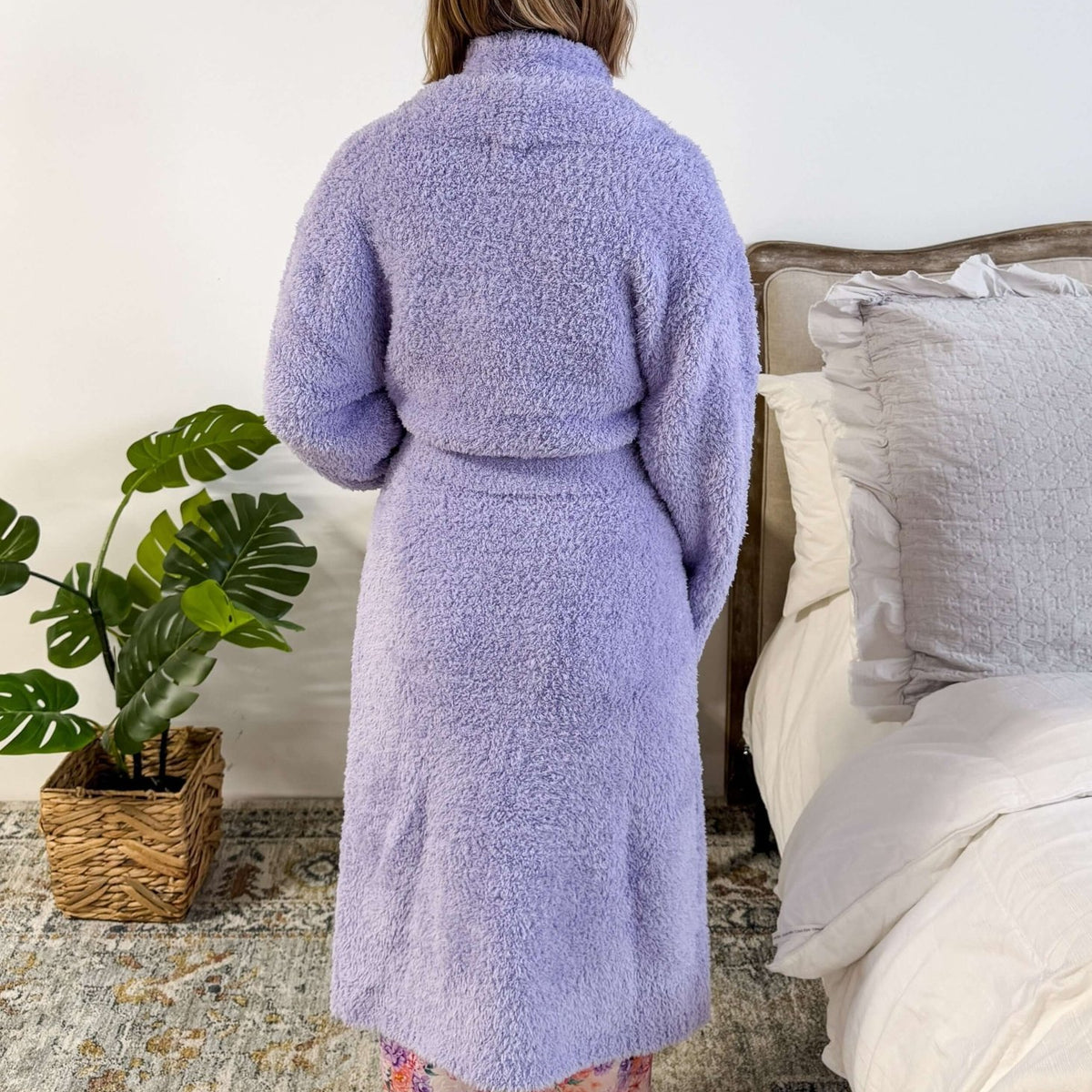 Lavender Chenille Cloud Spa Robe – Plush Stretch Robe with Pockets back profile shot showing length on model