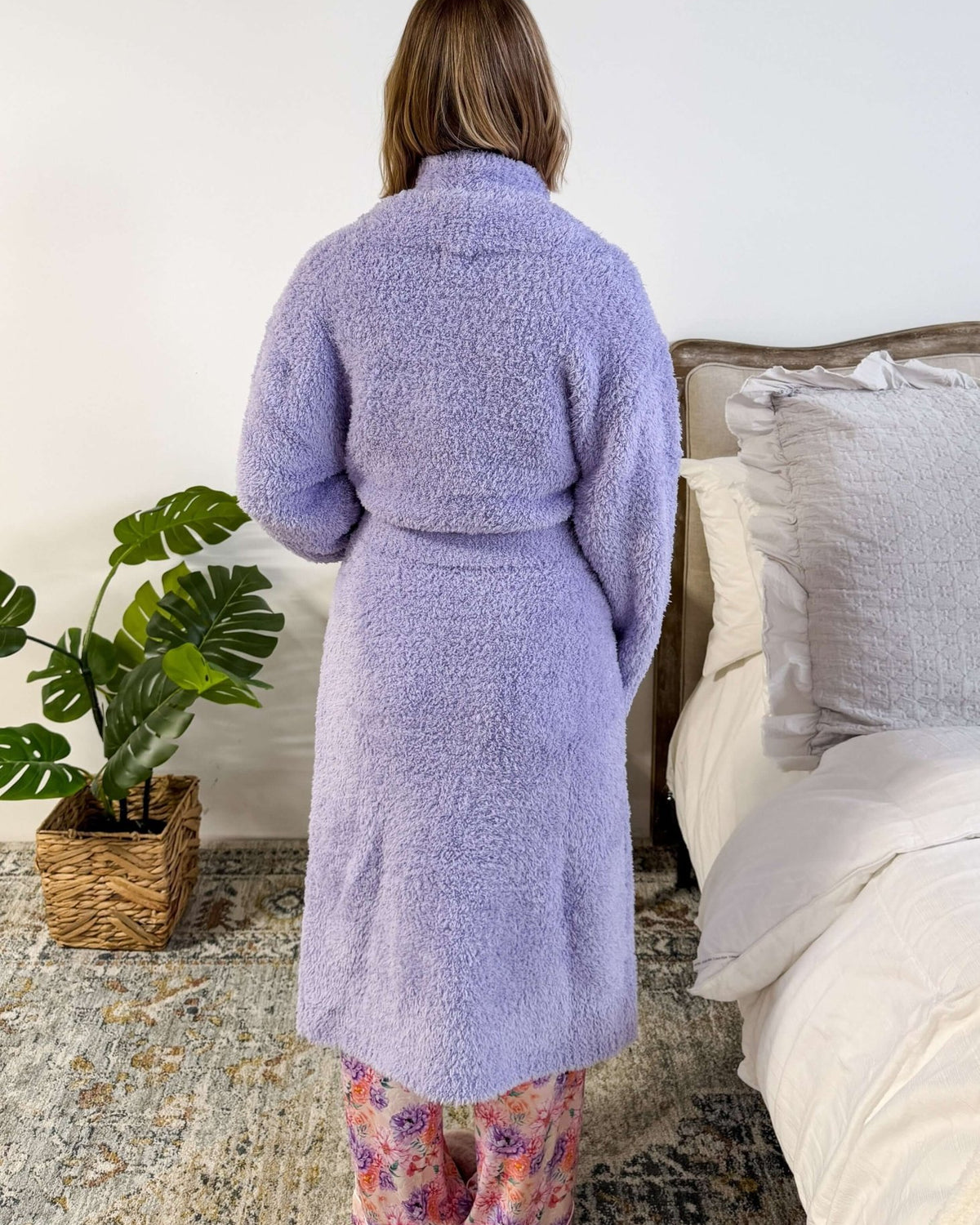 Lounge by Jan Marie Chenille Cloud Spa Robe Lavender back view on model — Cloud Nine Pajamas Edmonton