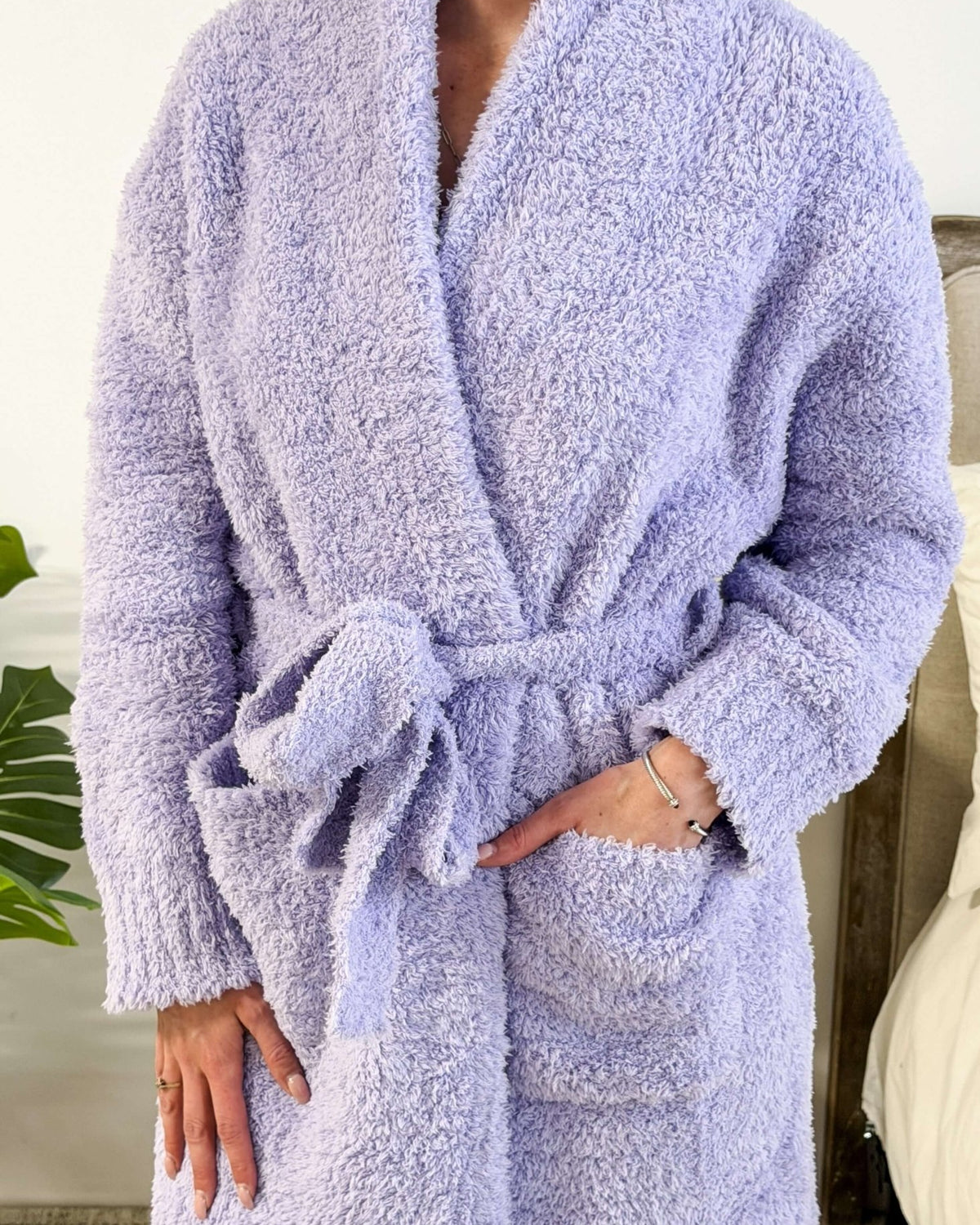 Lounge by Jan Marie Chenille Cloud Spa Robe Lavender front view showing pockets and tie — Cloud Nine Pajamas Edmonton