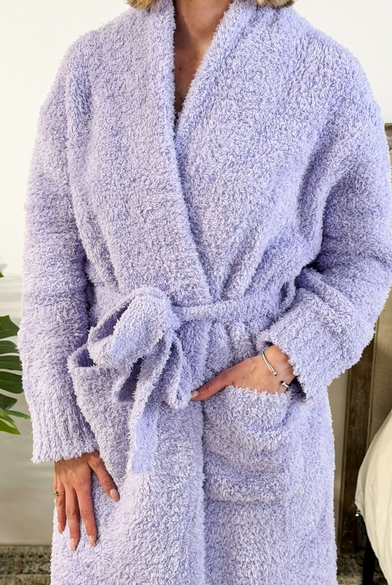 Lavender Chenille Cloud Spa Robe – Plush Stretch Robe with Pockets