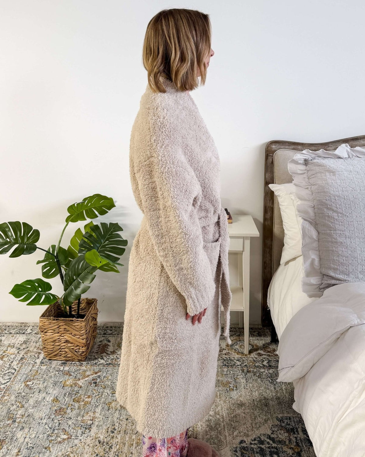Lounge by Jan Marie Chenille Cloud Spa Robe Sand side profile model — Cloud Nine Pajamas Edmonton