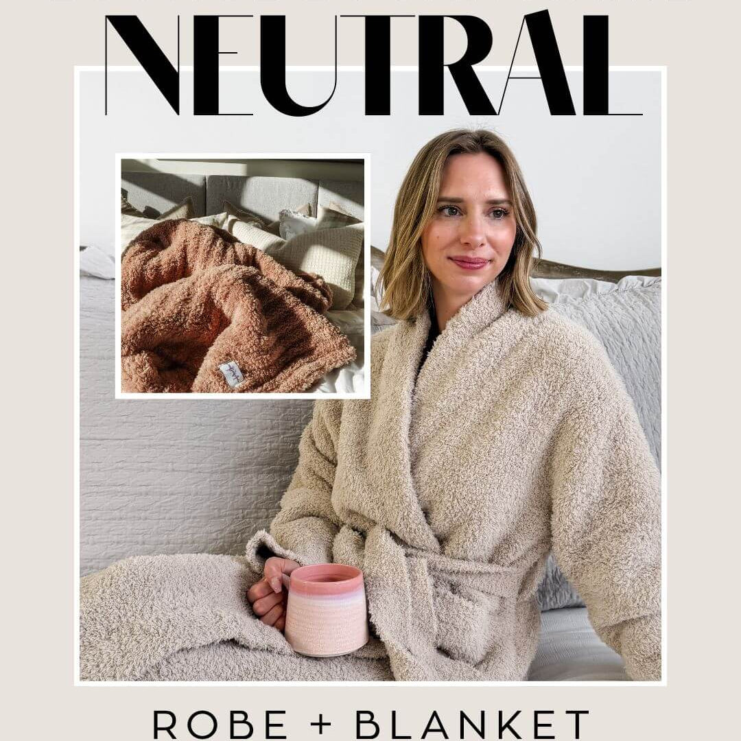 Lounge by Jan Marie Neutral Contrast Bundle – Sand Beige Robe & Mocha Knit Blanket Set - Lounge By Jan Marie - Cloud Nine Pajamas