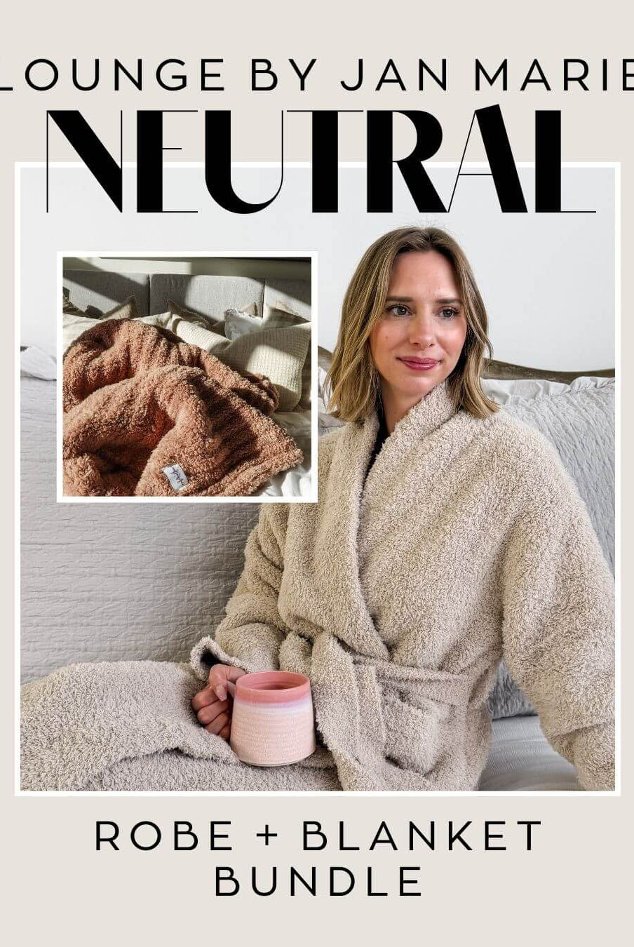 Lounge by Jan Marie Neutral Contrast Bundle – Sand Beige Robe & Mocha Knit Blanket Set - Lounge By Jan Marie - Cloud Nine Pajamas