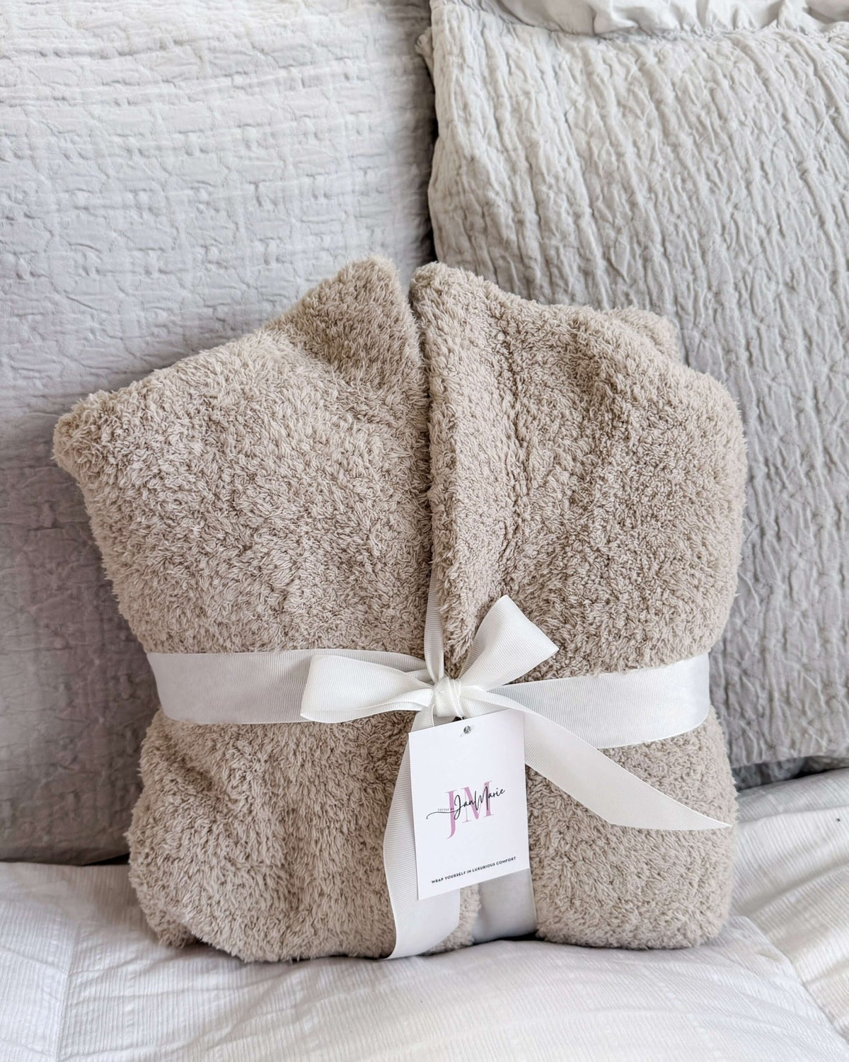 Lounge by Jan Marie Chenille Cloud Spa Robe Sand gift folded with ribbon — Cloud Nine Pajamas Edmonton
