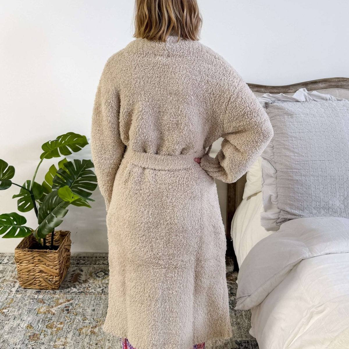 Sand Beige Chenille Cloud Spa Robe – Plush Stretch Robe with Pockets showing back view and length