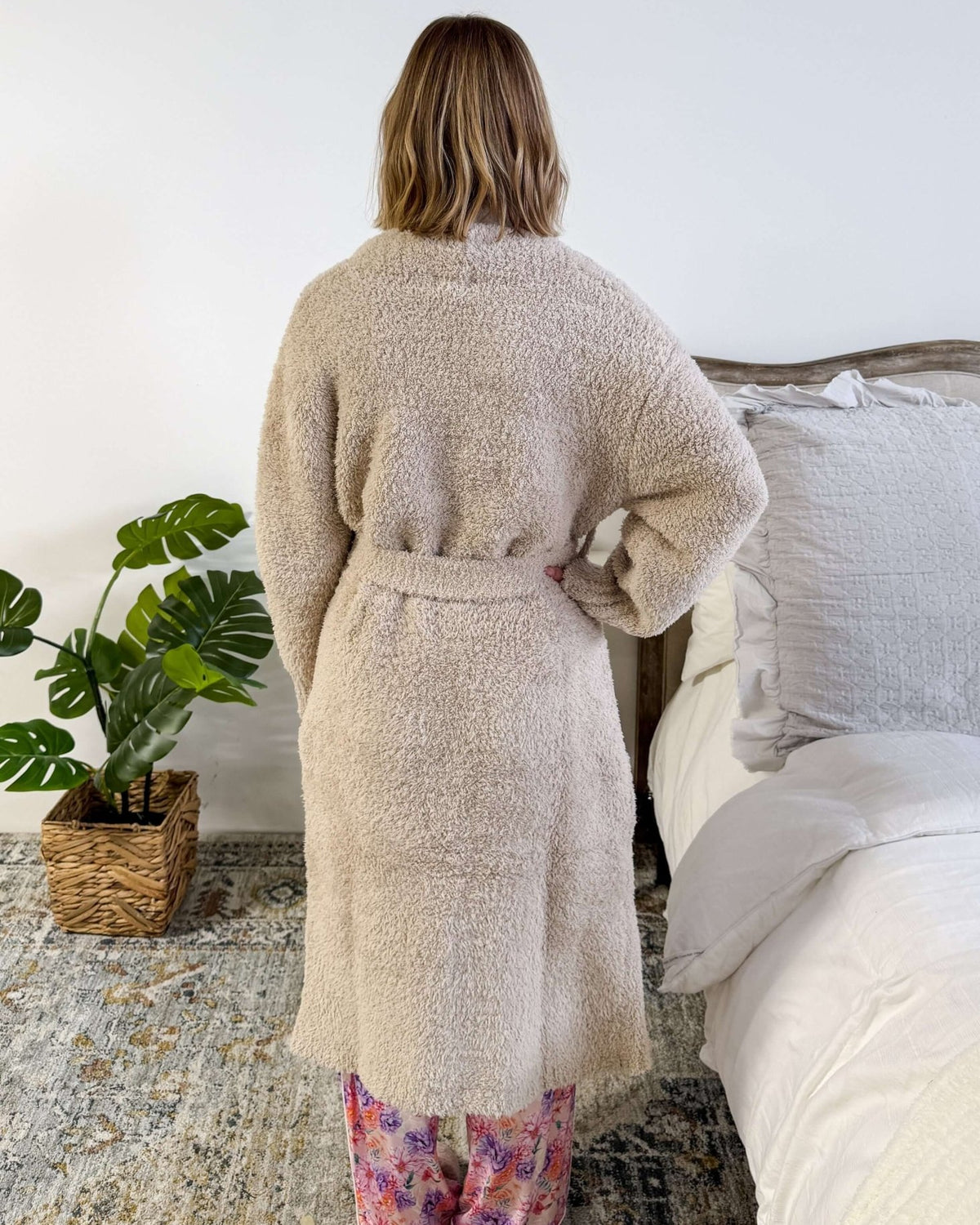 Lounge by Jan Marie Chenille Cloud Spa Robe Sand back view showing length — Cloud Nine Pajamas Edmonton