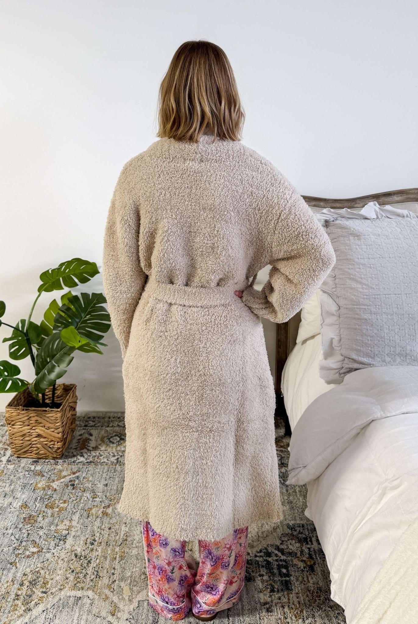Sand Beige Chenille Cloud Spa Robe – Plush Stretch Robe with Pockets showing back view and length