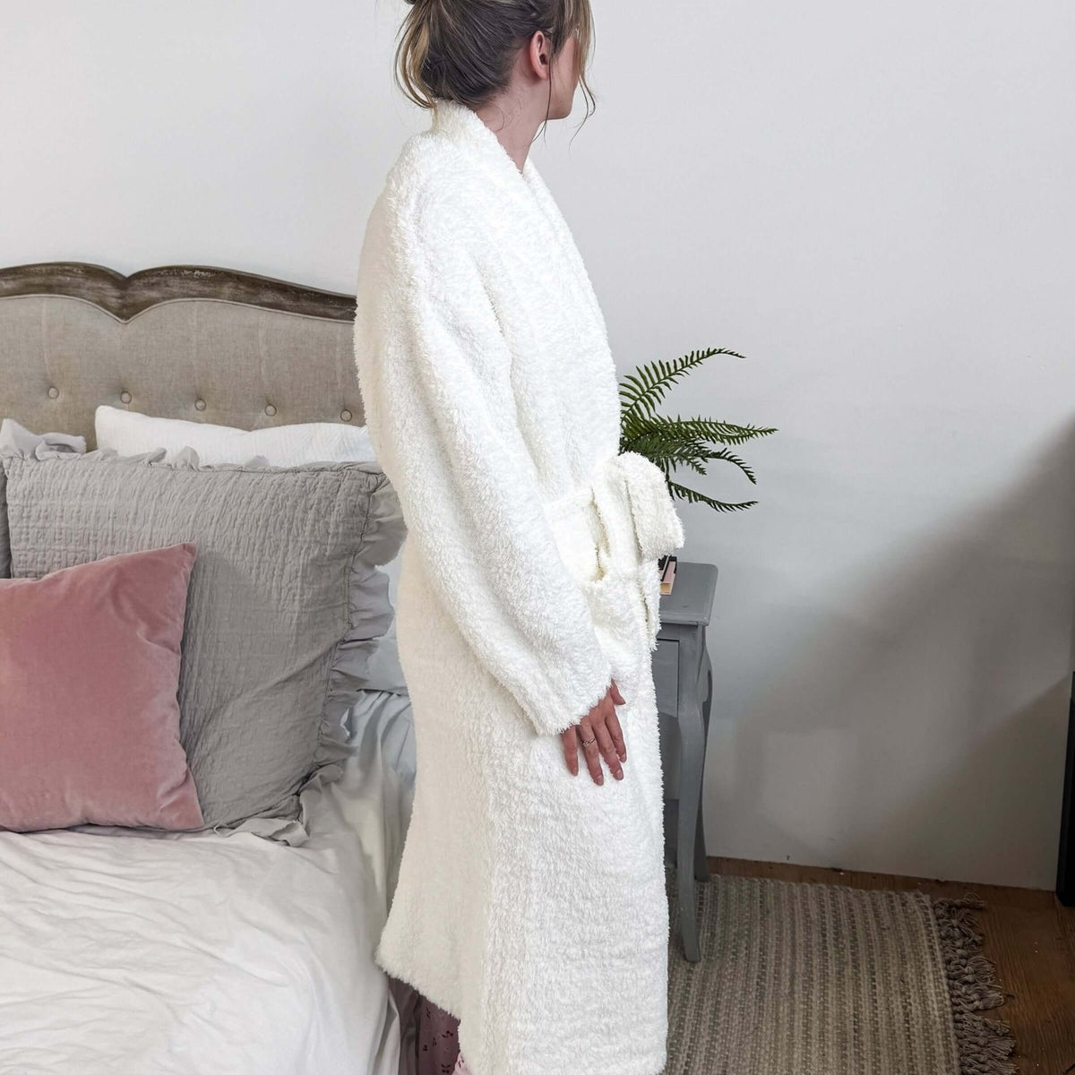 Ivory Chenille Cloud Spa Blanket Robe | Ultra Soft showing side profile of the robe