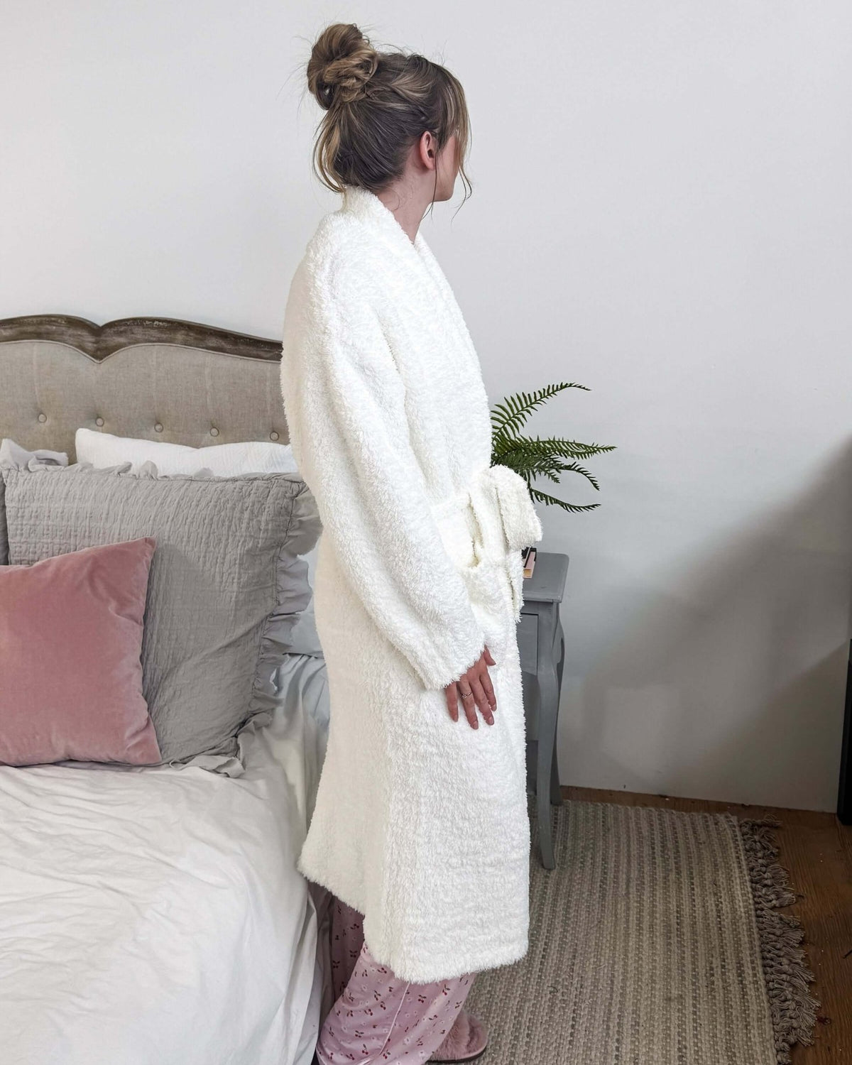 Lounge by Jan Marie Chenille Cloud Spa Robe Ivory side profile view — Cloud Nine Pajamas Edmonton