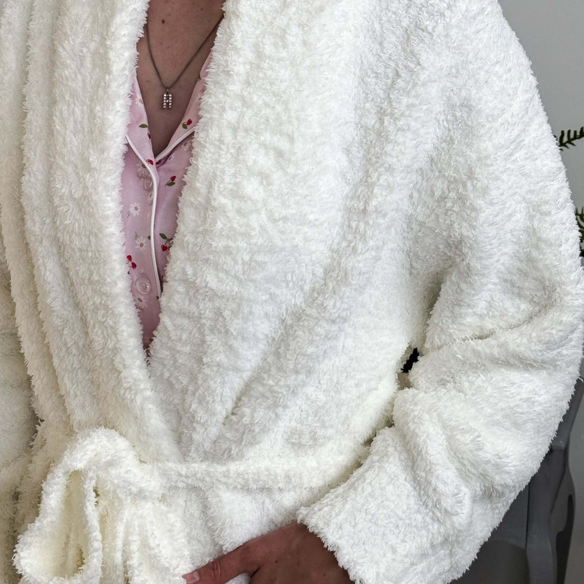Ivory Chenille Cloud Spa Blanket Robe | Ultra Soft showing closeup of the plush fabric