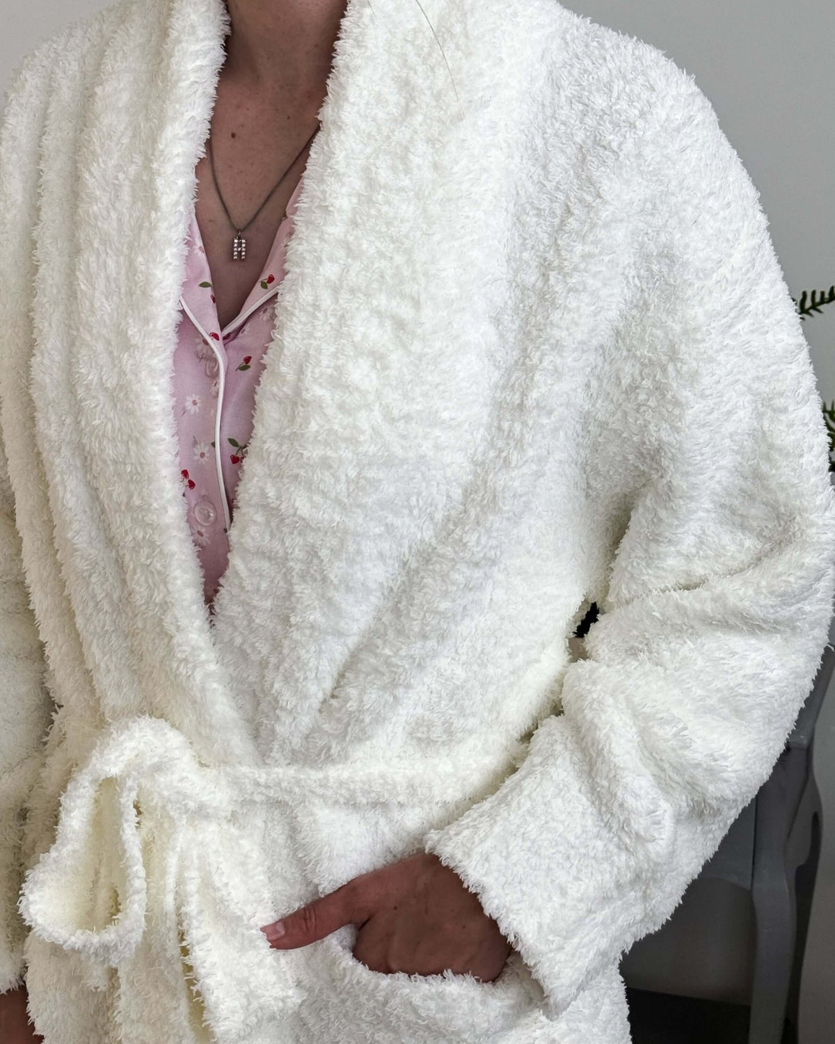 Lounge by Jan Marie Chenille Cloud Spa Robe Ivory chenille plush fabric close-up — Cloud Nine Pajamas Edmonton