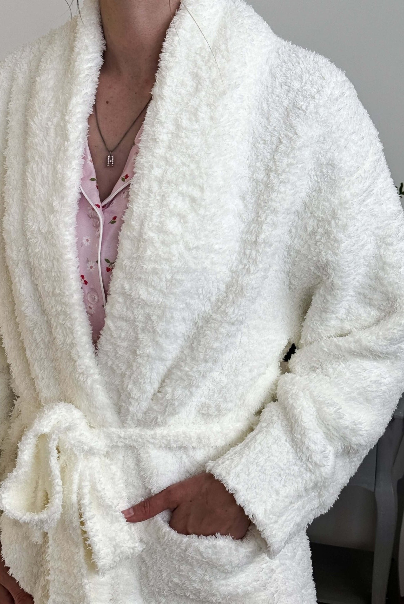 Ivory Chenille Cloud Spa Blanket Robe | Ultra Soft showing closeup of the plush fabric