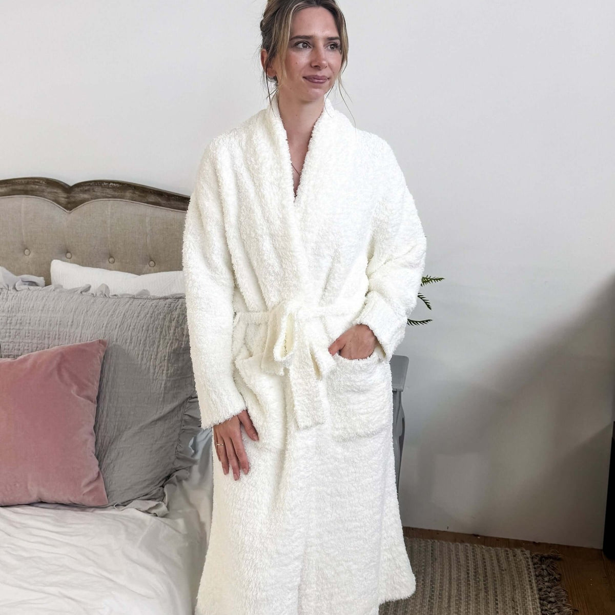 Ivory Chenille Cloud Spa Blanket Robe | Ultra Soft and Plush shown on model standing