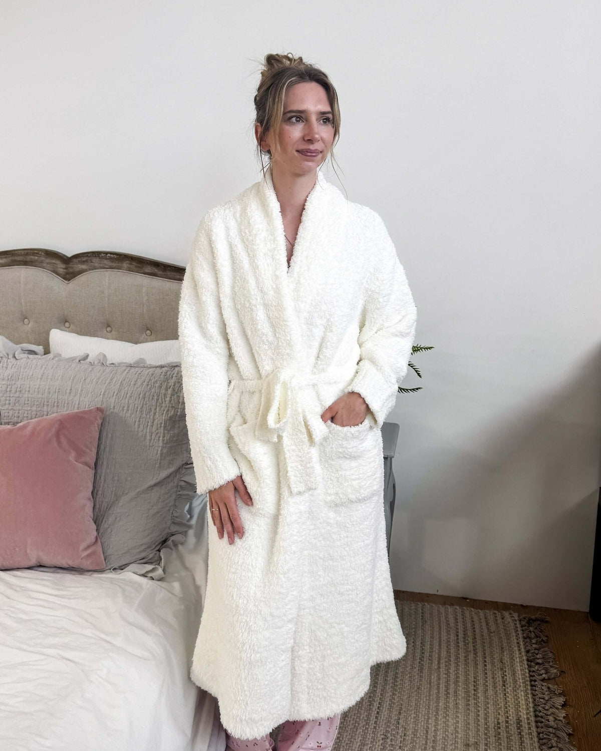 Lounge by Jan Marie Chenille Cloud Spa Robe Ivory full length standing model — Cloud Nine Pajamas Edmonton