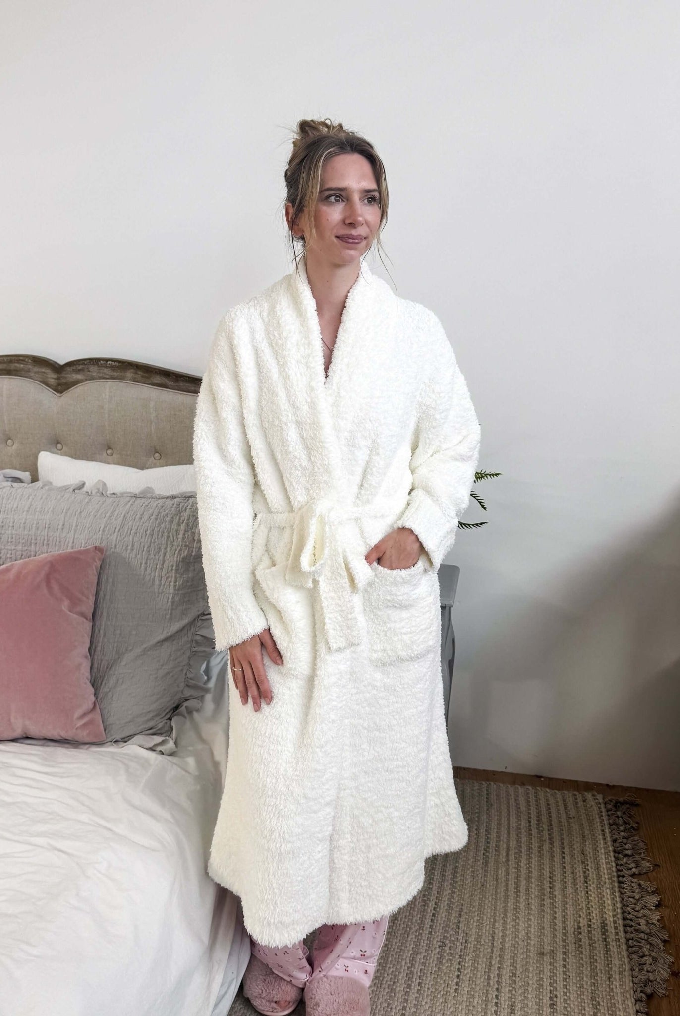 Ivory Chenille Cloud Spa Blanket Robe | Ultra Soft and Plush shown on model standing