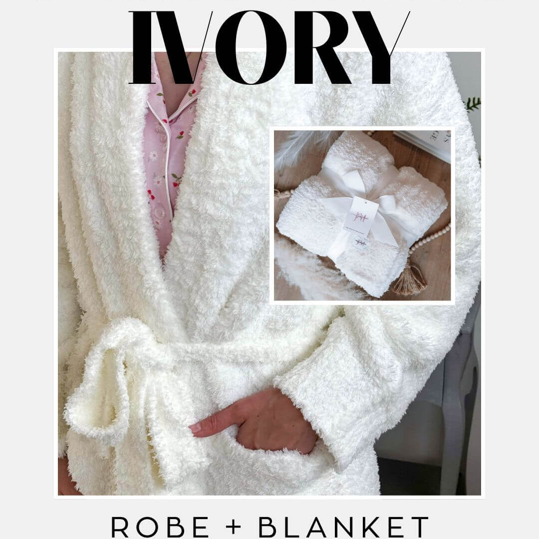 Lounge by Jan Marie Warm Ivory Bundle – Plush Chenille Robe & Oversized Knit Blanket Luxury Set - Lounge By Jan Marie - Cloud Nine Pajamas