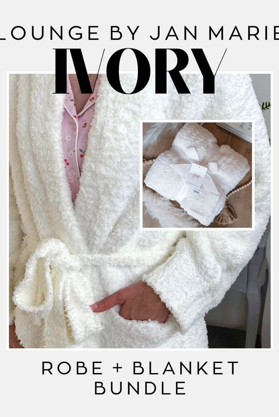 Lounge by Jan Marie Warm Ivory Bundle – Plush Chenille Robe & Oversized Knit Blanket Luxury Set - Lounge By Jan Marie - Cloud Nine Pajamas