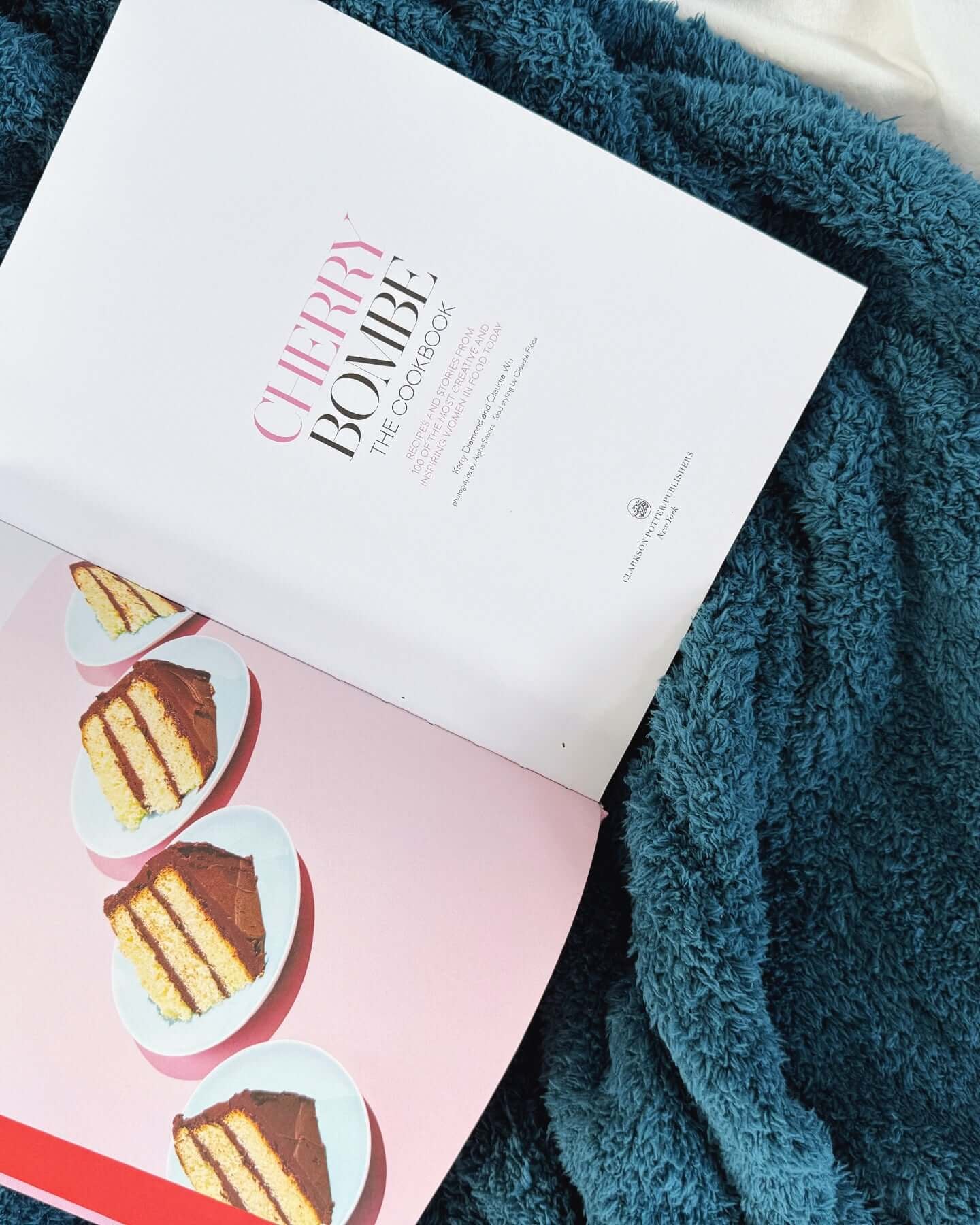Open book with dessert illustration on a teal blanket