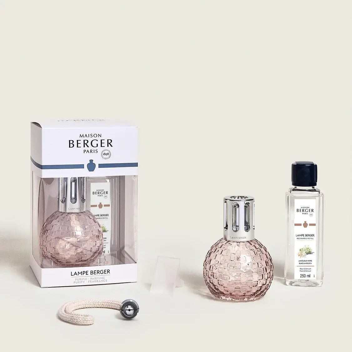 Maison Berger Disco Lamp Blush Pink with Black Angelica fragrance bottle packaging shot — Cloud Nine Pajamas