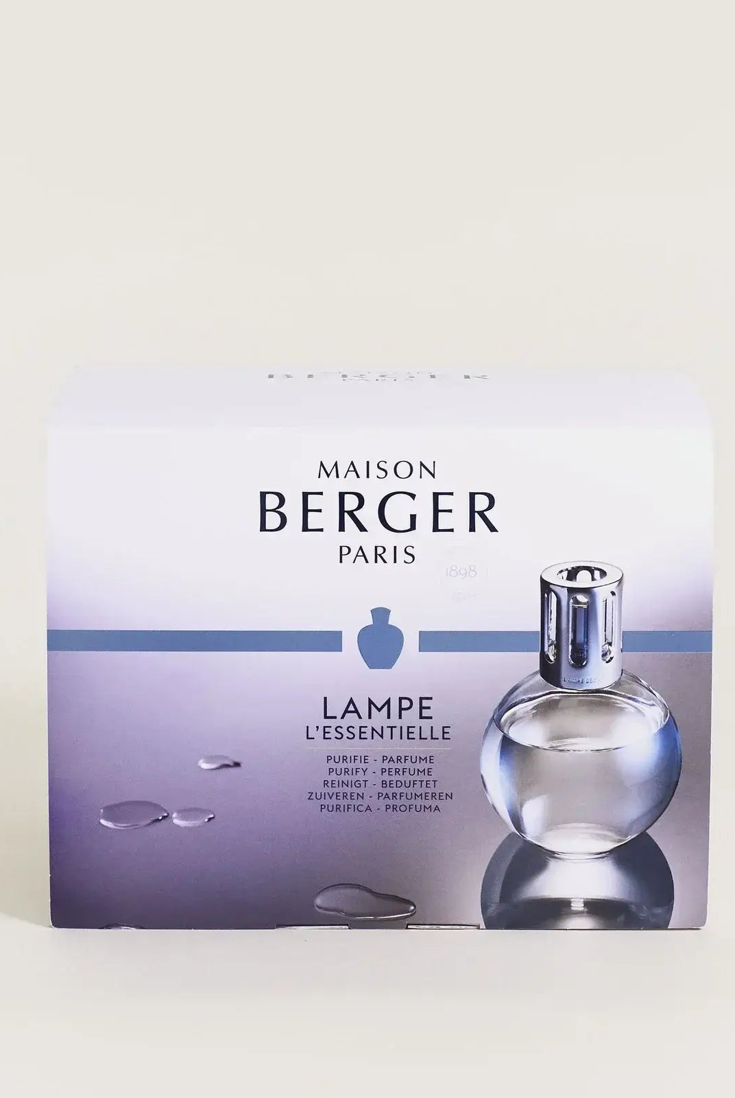 Maison Berger Paris Fragrance Lamp Starter Kit – Round Glass with lamp and fragrance bottles showing box
