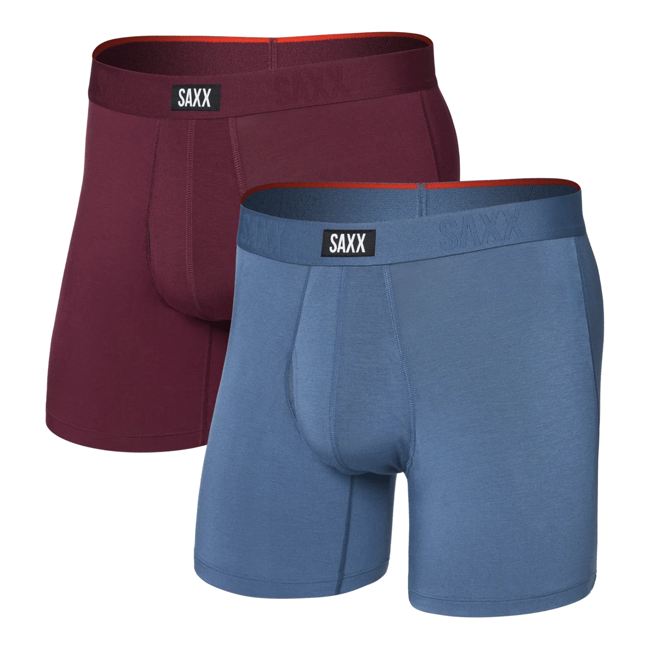 men's comfort boxer briefs with ball pouch technology by saxx - 2 pack gift box in maroon/indigo